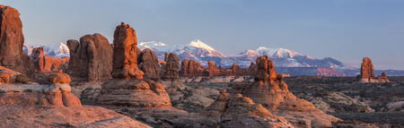 Warm late afternoon sunlight sidelights the rock formations in the Garden of Eden, with the Windows section behind in Arches National Park, Utahの写真素材