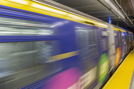 February 5, 2017: A colorful Second Avenue train arriving at the new 86th Street Q Train platform, New York.のeditorial素材