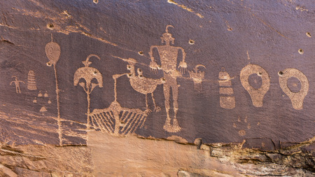 A petroglyph panel with a variety of humanoid and animal images portrayed on the cliffs of Butler Wash in the Comb Ridge aea of the new Bears Ears National Monument.の写真素材