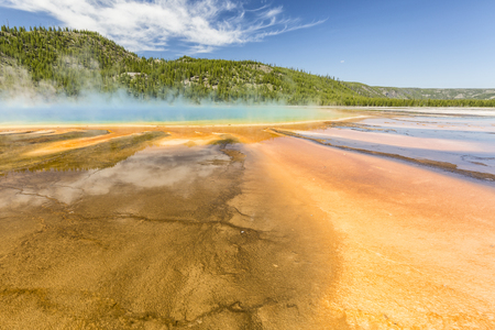 The vivid rainbow colors of the Grand Prismatic Spring in Yellowstone National Park, Wyomingの写真素材