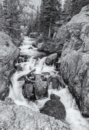Black and white image of Glacier Creek at the top of Glacier Falls in Rocky Mountain National Park, Coloradoの写真素材