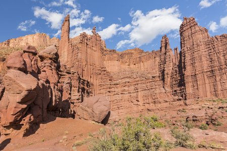 Unique Fisher Towers rock formations on a sunny day near Moab, Utah.の写真素材