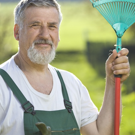 portrait of a senior man gardening in his gardenの写真素材