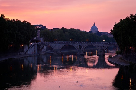 Panoramic view of St. Peter's Basilica and the Vatican City (with the river Tiber winding around it) - Rome, Italyの写真素材