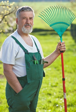 portrait of a senior man gardening in his garden (color toned image)の写真素材