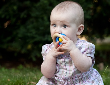 close-up portrait of an adorable toddler sitting on a lawn in a park