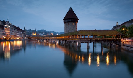 Famous covered wooden footbridge in Lucerne, Switzerlandのeditorial素材