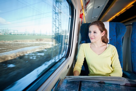 Young woman traveling by trainの写真素材