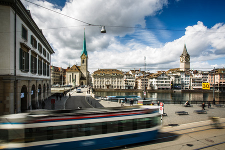 Zurich cityscape with motion blurred city trafficのeditorial素材
