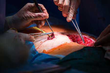 Surgery in a modern hospital being performed by a team of professionals (shallow DOF, color toned image)の写真素材