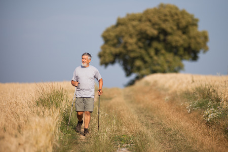 Active handsome senior man nordic walking outdoors on a forest path, enjoying his retirementの写真素材