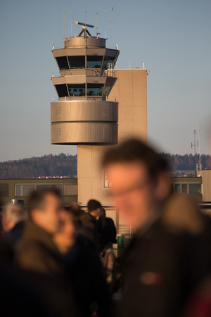 Traffic control tower at the Zurich International Airport (Flughafen ZÃ¼rich) in Kloten, Switzerlandの写真素材
