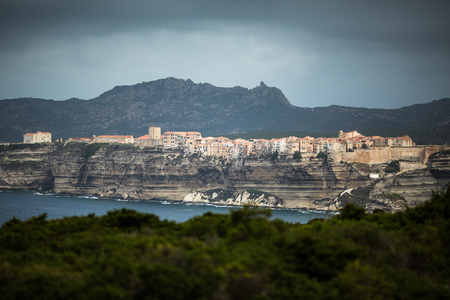 Sunset over the Old Town of Bonifacio, the limestone cliff, South Coast of Corsica Island, Franceの写真素材