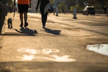 Bikers on a city street in warm evening sunlightの写真素材