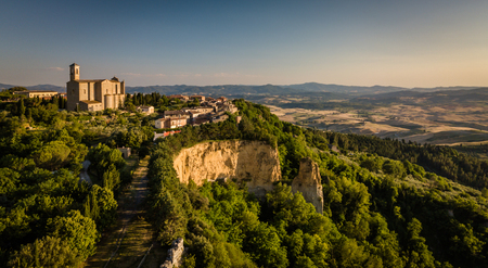 Spectacular aerial view of the old town of Volterra in Tuscany, Italyの写真素材