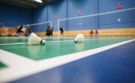Badminton - badminton courts with players competing; shuttlecocks in the foreground (shallow DOF; color toned image)の写真素材