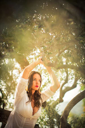 Attractive, young brunette on the beach, amid olive trees, looking both sensual and naturalの写真素材
