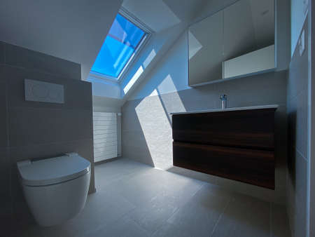 Rental apartment bathroom cleaned and ready for a new tenant to move in - Modern, bright apartment in a city center briging monthly passive, rental income to its ownerの写真素材