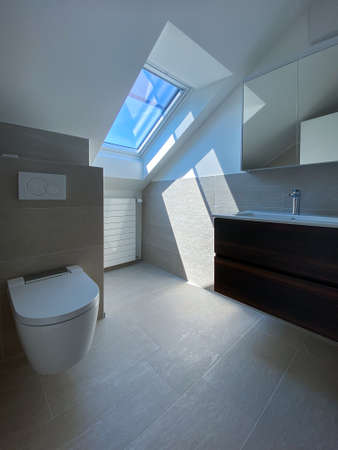 Rental apartment bathroom cleaned and ready for a new tenant to move in - Modern, bright apartment in a city center briging monthly passive, rental income to its ownerの写真素材