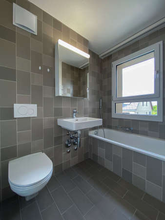 Rental apartment bathroom cleaned and ready for a new tenant to move in - Modern, bright apartment in a city center briging monthly passive, rental income to its ownerの写真素材