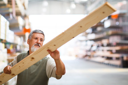 Man choosing and buying construction wood in a  DIY store for his DIY home re-modeling projectの写真素材