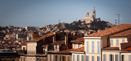 MARSEILLE, FRANCE - panoramic view of the city with Notre Dame de la Garde Churchの写真素材