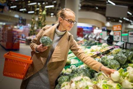 shopping, food, sale, consumerism and people concept - happy woman at grocery store or supermarket buying vegetablesの写真素材
