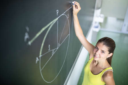 Cute female university/highschool student in class at the blackboard during math classの写真素材