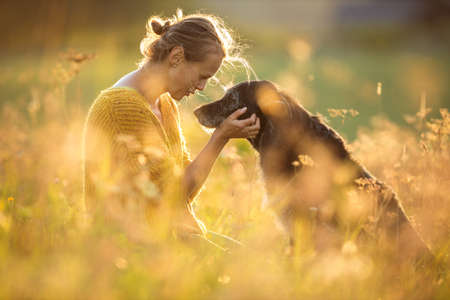 Pretty, young woman with her large black dog on a lovely sunlit meadow in warm evening light, playing togetherの写真素材