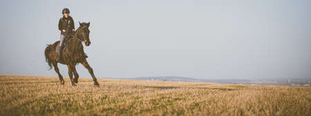 Female horse rider riding outdoors on her lovely horse