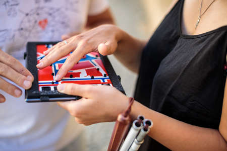 People with impaired vision using tactile maps, 3D models of town centers, landmarks, streetsの写真素材