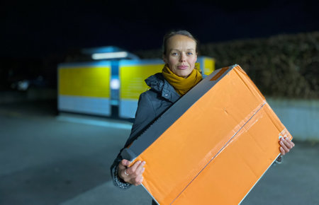 Woman picks up mail from automated self-service post terminal machineの写真素材