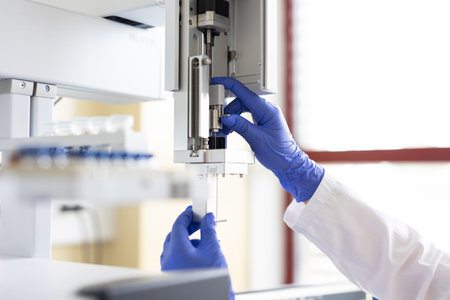Chemist is analyzing sample in laboratoryの写真素材