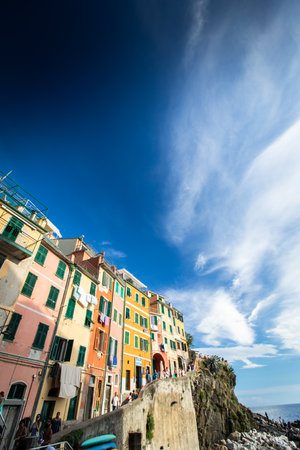 Riomaggiore of Cinque Terre, Italy - Traditional fishing village in La Spezia, situate in coastline of Liguria of Italy. Riomaggiore is one of the five Cinque Terre travel attractions.の写真素材