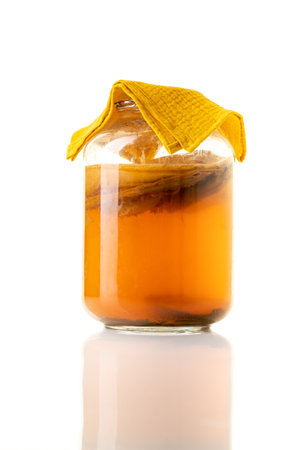 Jar of fermenting kombucha isolated on whiteの写真素材