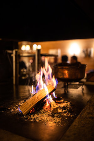 Open fireplace in a cosy restaurantの写真素材
