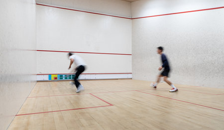 Squash players in action on a squash court (motion blurred image; color toned image)の写真素材