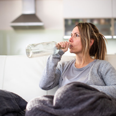 Midlle aged woman at home with a bottle of strong alcohol in her handsの写真素材