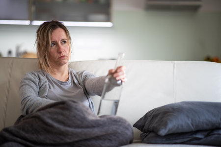 Midlle aged woman at home with a bottle of strong alcohol in her handsの写真素材