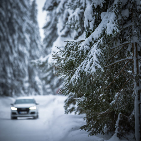 Car on a snowy winter road amid forests - using its four wheel drive capacities to get through the snowの写真素材