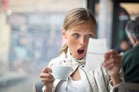 Pretty, young woman baffled with the bill in a coffeeshop/restaurantの写真素材