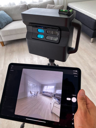 3D rotating camera inside a modern apartment for sale or rent - Architect photographer designer desktop conceptの写真素材