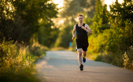 Shot of a young male athlete training on a race track. Sprinter running on athletics tracks seen from aboveの写真素材