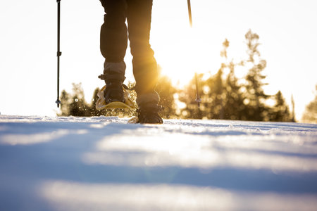 Snowshoeing in winter in deep snow. Walking in the snow. Hiking in the mountains in winter.の写真素材