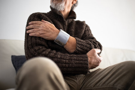 Senior man using medical device to measure blood pressure - elderly man suffering from high blood pressure sitting at home on sofa takes care of his healthの写真素材