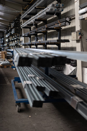 Stock of raw metal materials in a factory hall (shallow DOF; color toned image)の写真素材