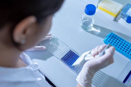 Female researcher carrying out research experiment in a chemistry labの写真素材