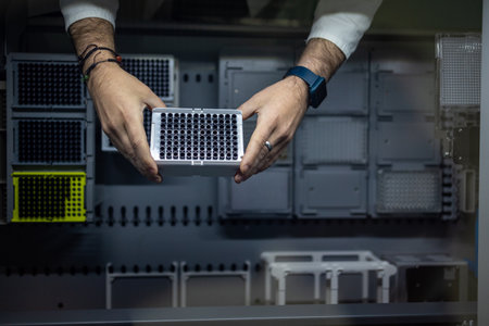Hands of a researcher carrying out research experiment in a chemistry lab, in a flow box