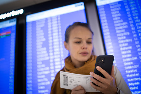 Canceled flight situation - Young, pretty female traveler learning about her flight being cancelled, unable to get home todayの写真素材