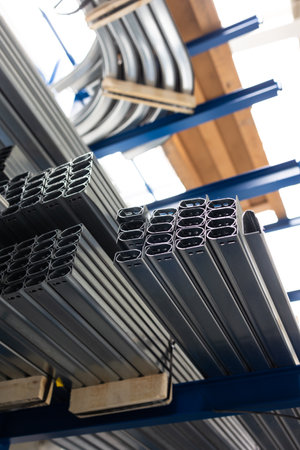 Stock of raw metal materials in a factory hall (shallow DOF; color toned image)の写真素材